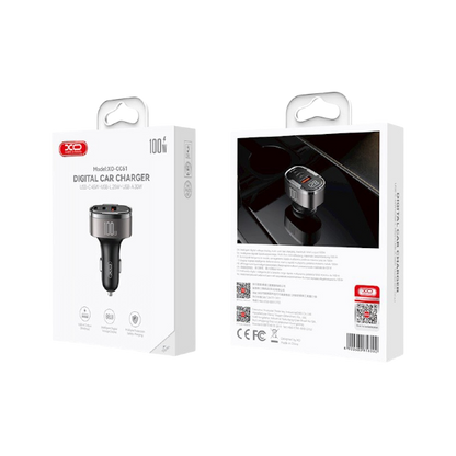 XO CC61 100W avtopolnilnik s priključki USB, USB-C in Lightning v sivi barvi - skatla
