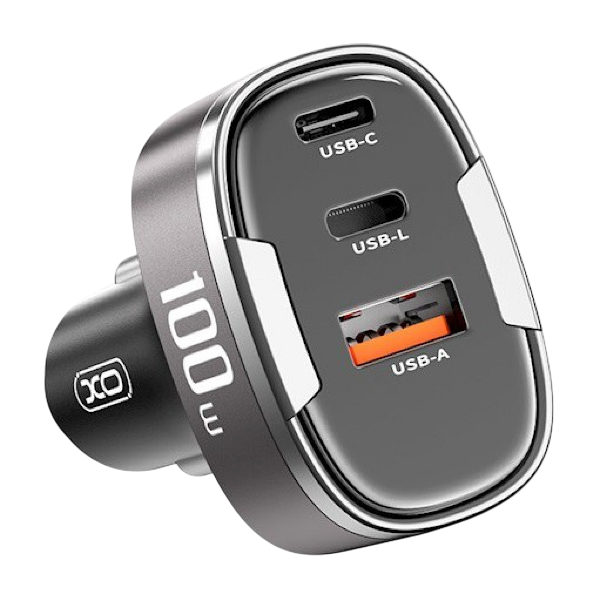 "XO CC61 100W avtopolnilnik s priključki USB, USB-C in Lightning v sivi barvi"