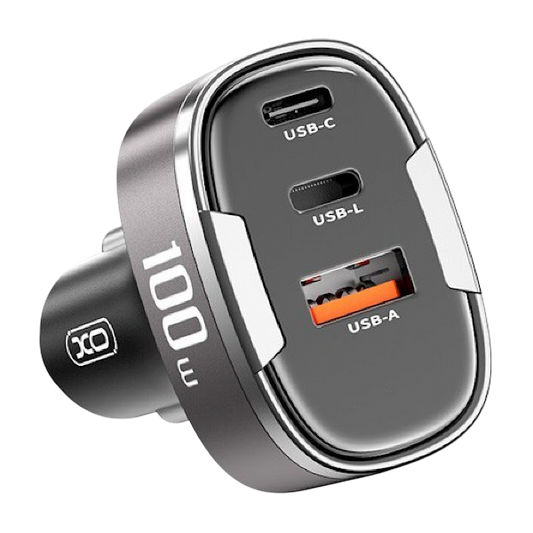 "XO CC61 100W avtopolnilnik s priključki USB, USB-C in Lightning v sivi barvi"