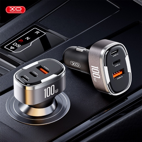 "XO CC61 100W avtopolnilnik s priključki USB, USB-C in Lightning v sivi barvi"2