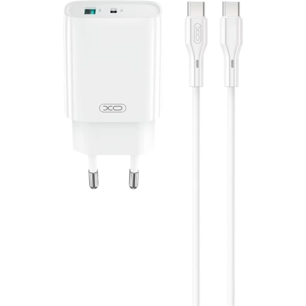 XO CE29 PD 20W stenski polnilnik z USB‑C in USB izhodi ter priloženim USB‑C v USB‑C kablom v beli barvi