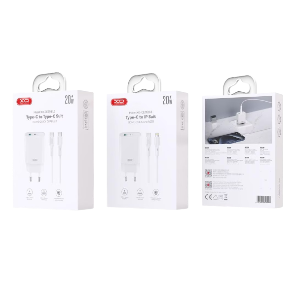 XO CE29 PD 20W stenski polnilnik z USB‑C in USB izhodi ter priloženim USB‑C v USB‑C kablom v beli barvi - skatla.