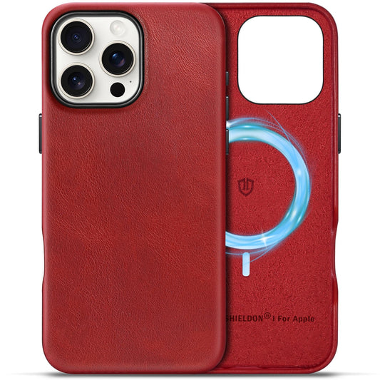 SHIELDON premium usnjen ovitek za iPhone 16 Pro Max retro rdeča zaščitni ovitek iz pravega usnja