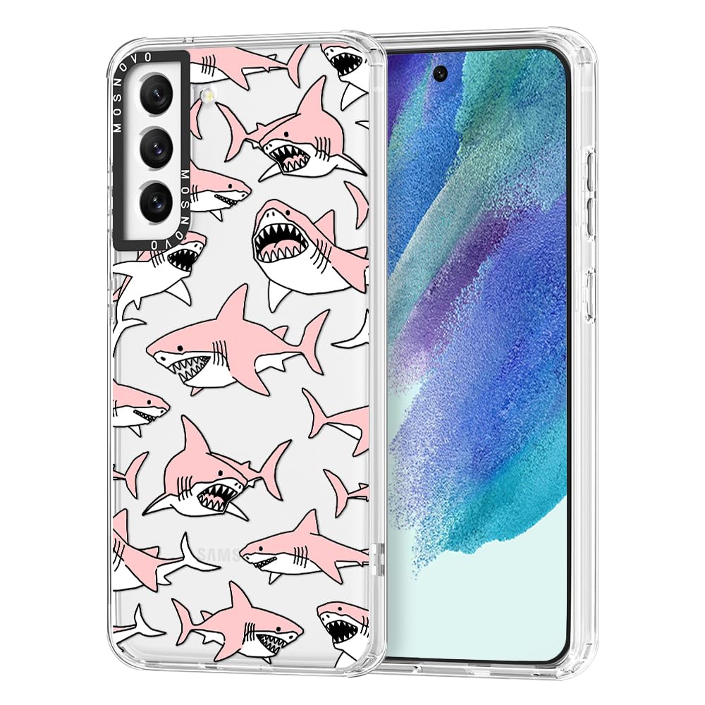 Ovitek MOSNOVO za Samsung Galaxy S21 FE Pink Sharks, igriv roza motiv morskih psov z robustno zaščito telefona