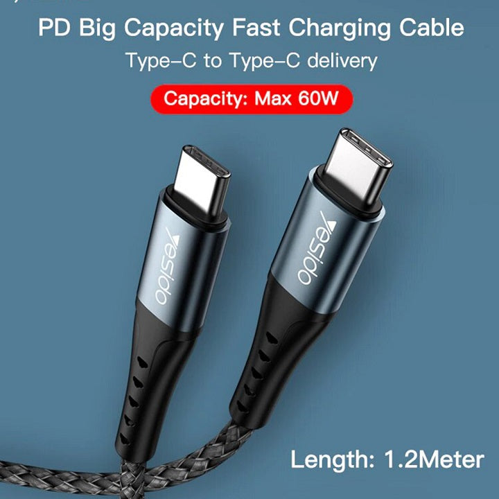 Polnilni in podatkovni kabel iz USB C v USB C - Črna – Yesido
