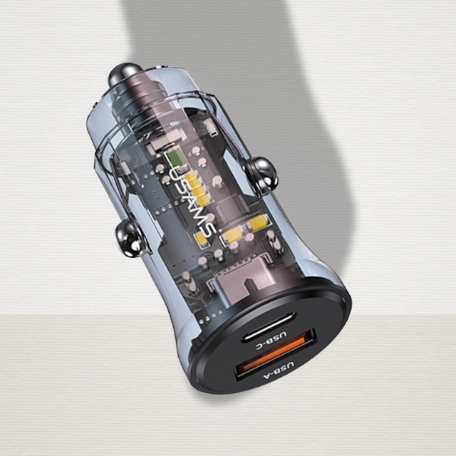 Avto polnilec A+C - Type-C PD30W, USB 18W – Usams – Prozorna