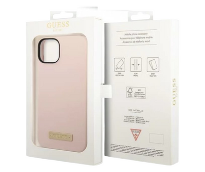 Ovitek Guess "Metal Logo" za iPhone 14 Pro s tehologijo MagSafe - roza (GUHMP14LSBPLP)
