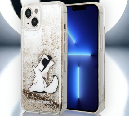 Ovitek Karl Lagerfeld "Choupette - liquid gold glitter" za iPhone 14 Plus/15 Plus (KLHCP14MGCFD) – Zlata / PC + TPU sili