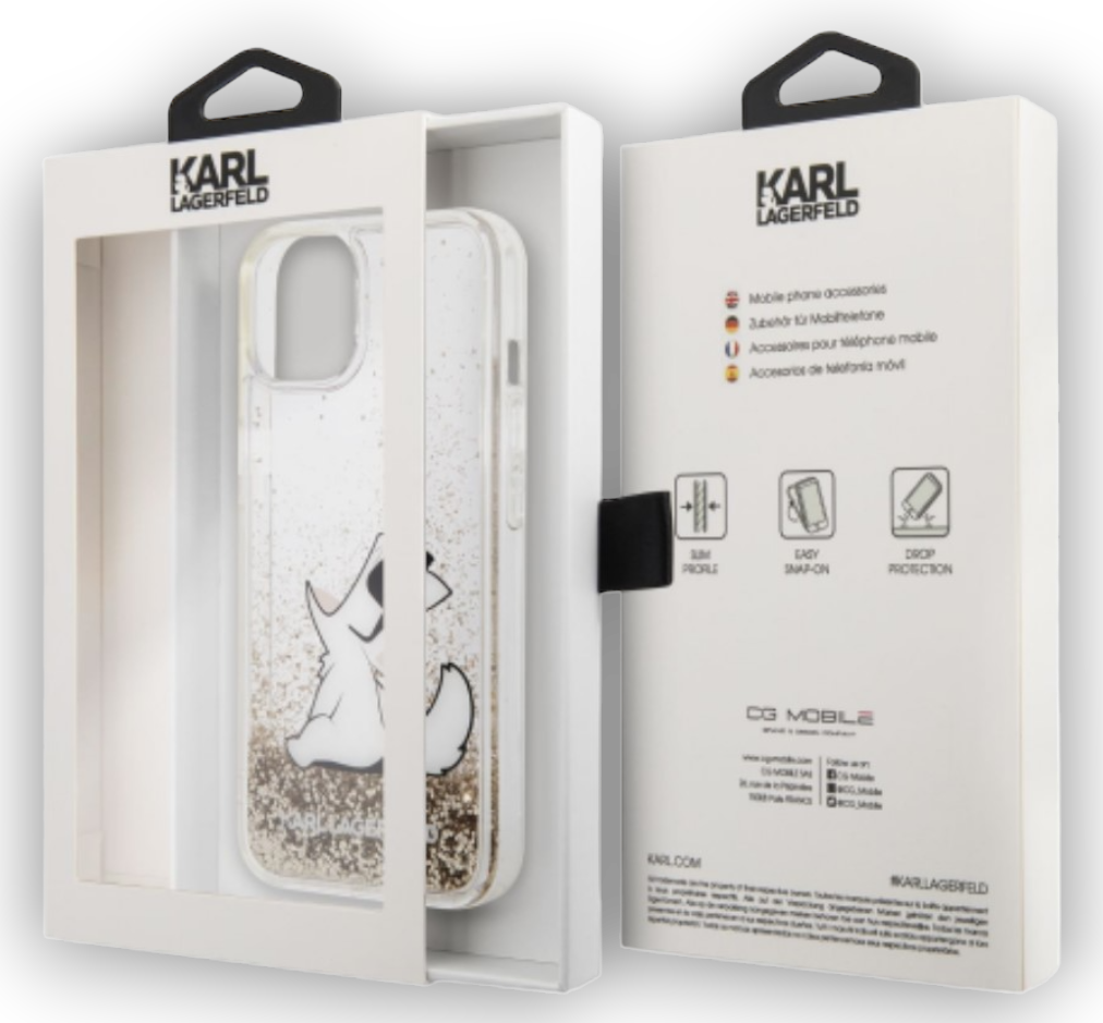 Ovitek Karl Lagerfeld "Choupette - liquid gold glitter" za iPhone 13/14/15 (KLHCP14SGCFD)