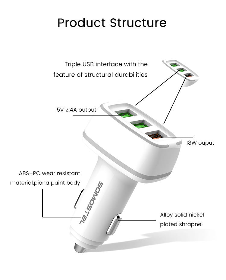 Avto polnilec 3 x USB - Črna – Somostel